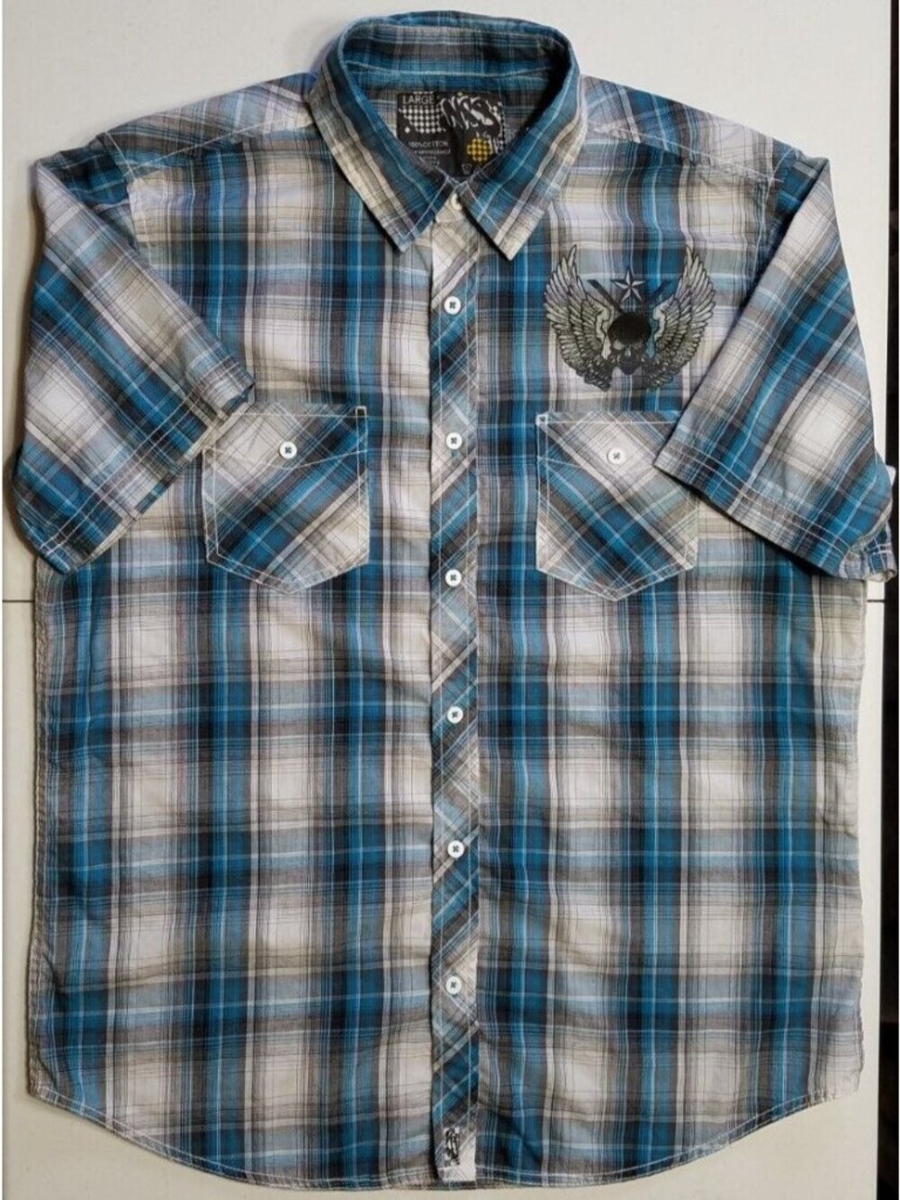 NSS Short Sleeve Button Up Western Goth Skull Wings Party Travel Shirt Men's L